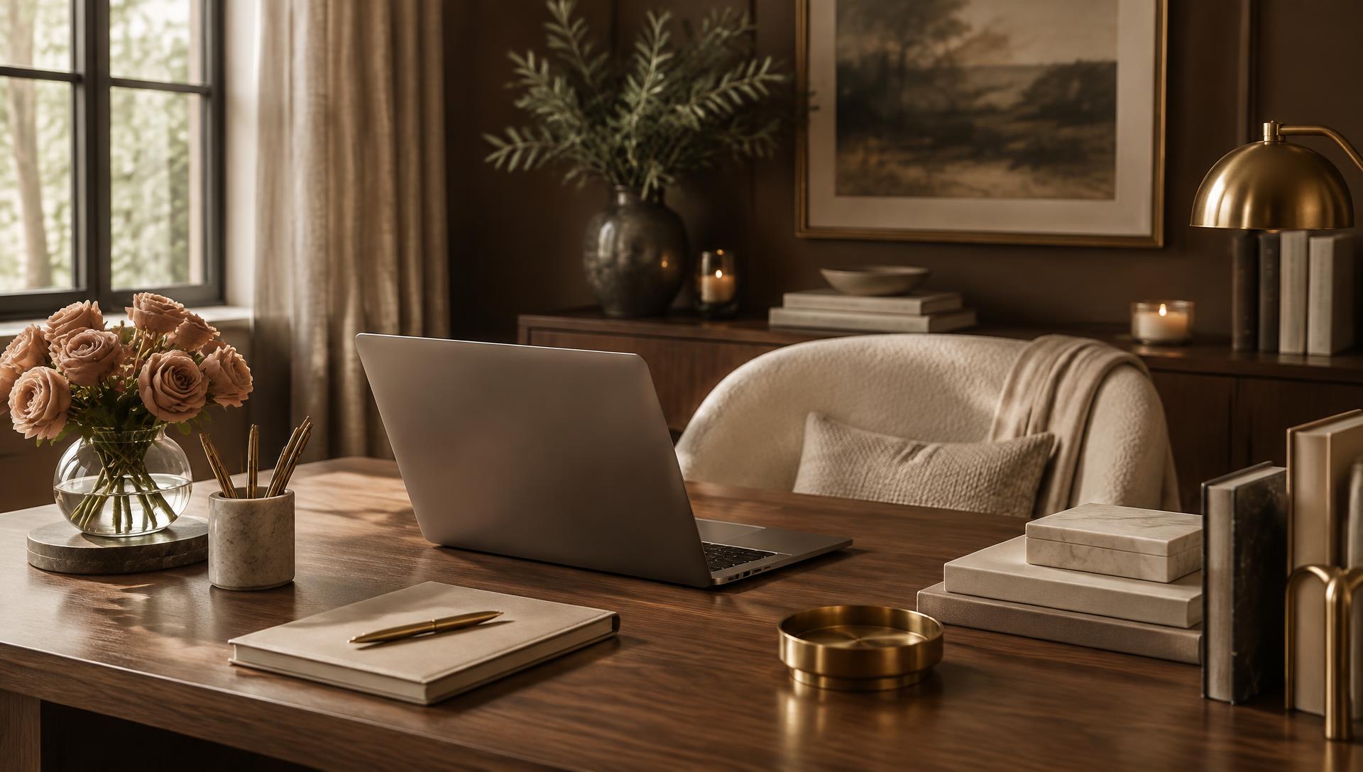 A warm, elegant home office with a laptop and blush roses